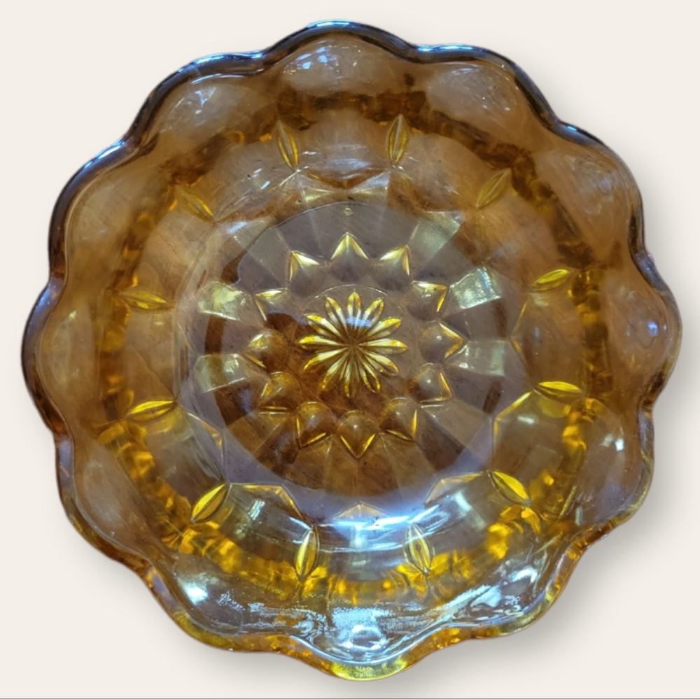 Vtg Bowl Dish Candy Sauce Dip Amber Glass Star Scalloped Honey
